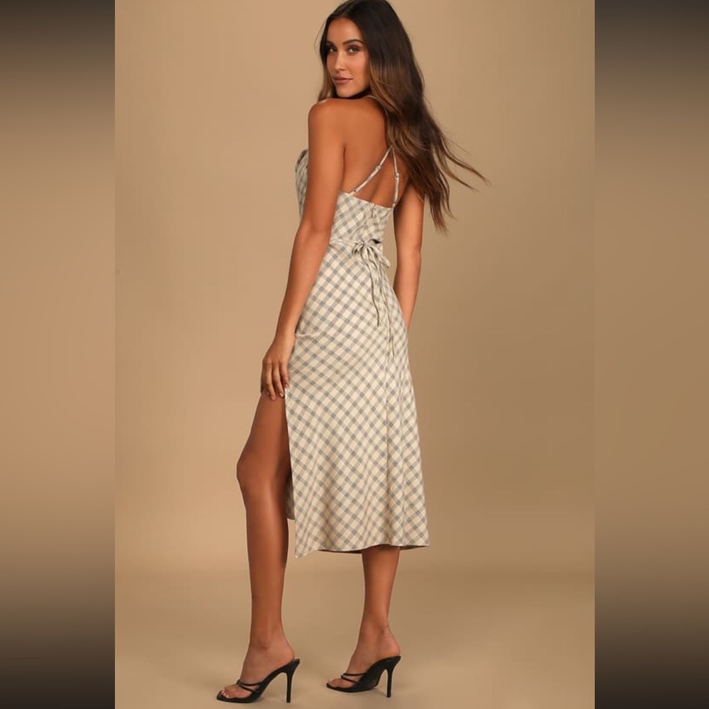 Lulus Chic City Beige Plaid Cowl Neck Midi Slip Dress